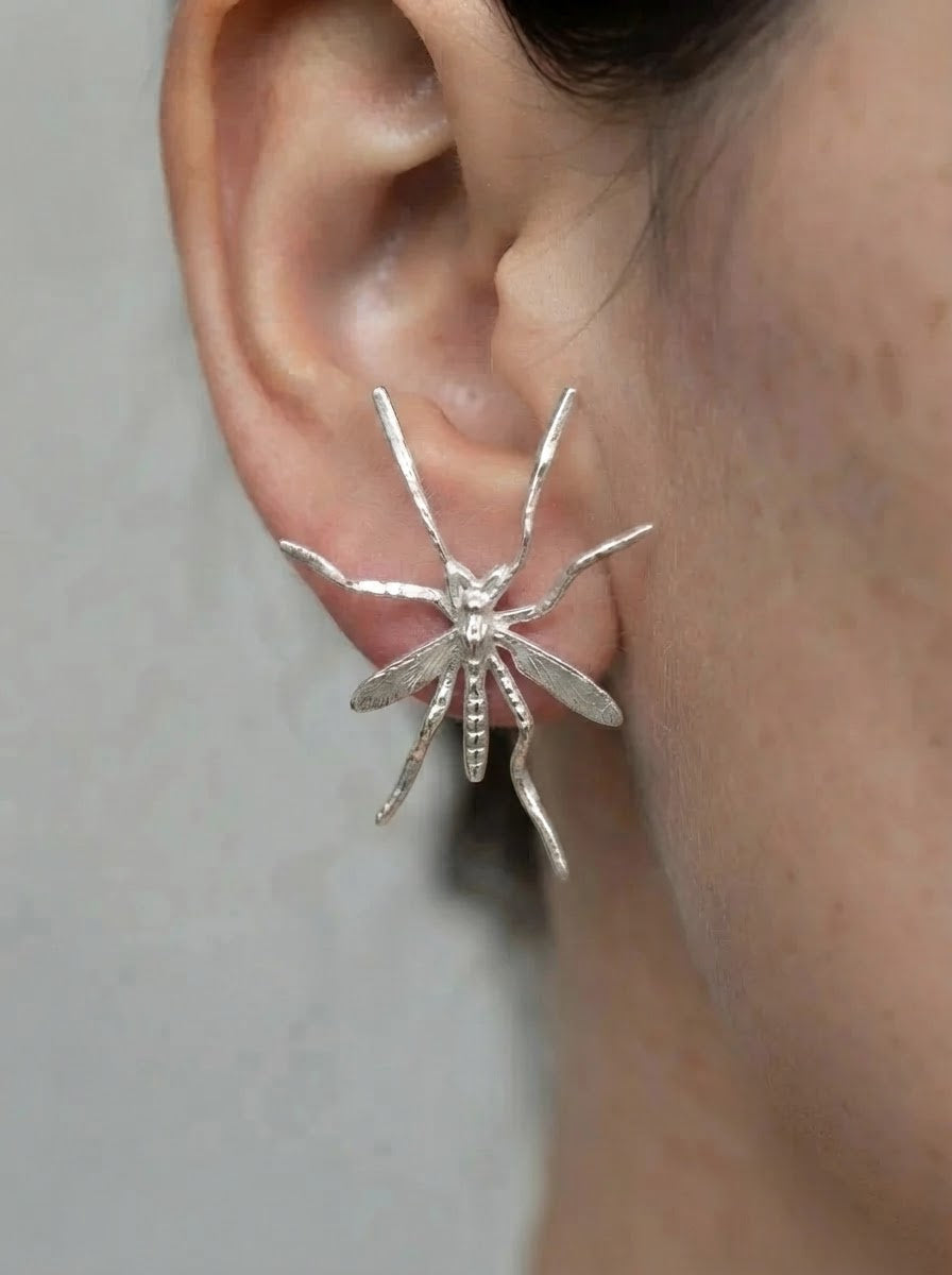 Crane Fly Stud Earrings – Sterling Silver or 14k Gold‑Plated | Sculptural Insect Jewelry