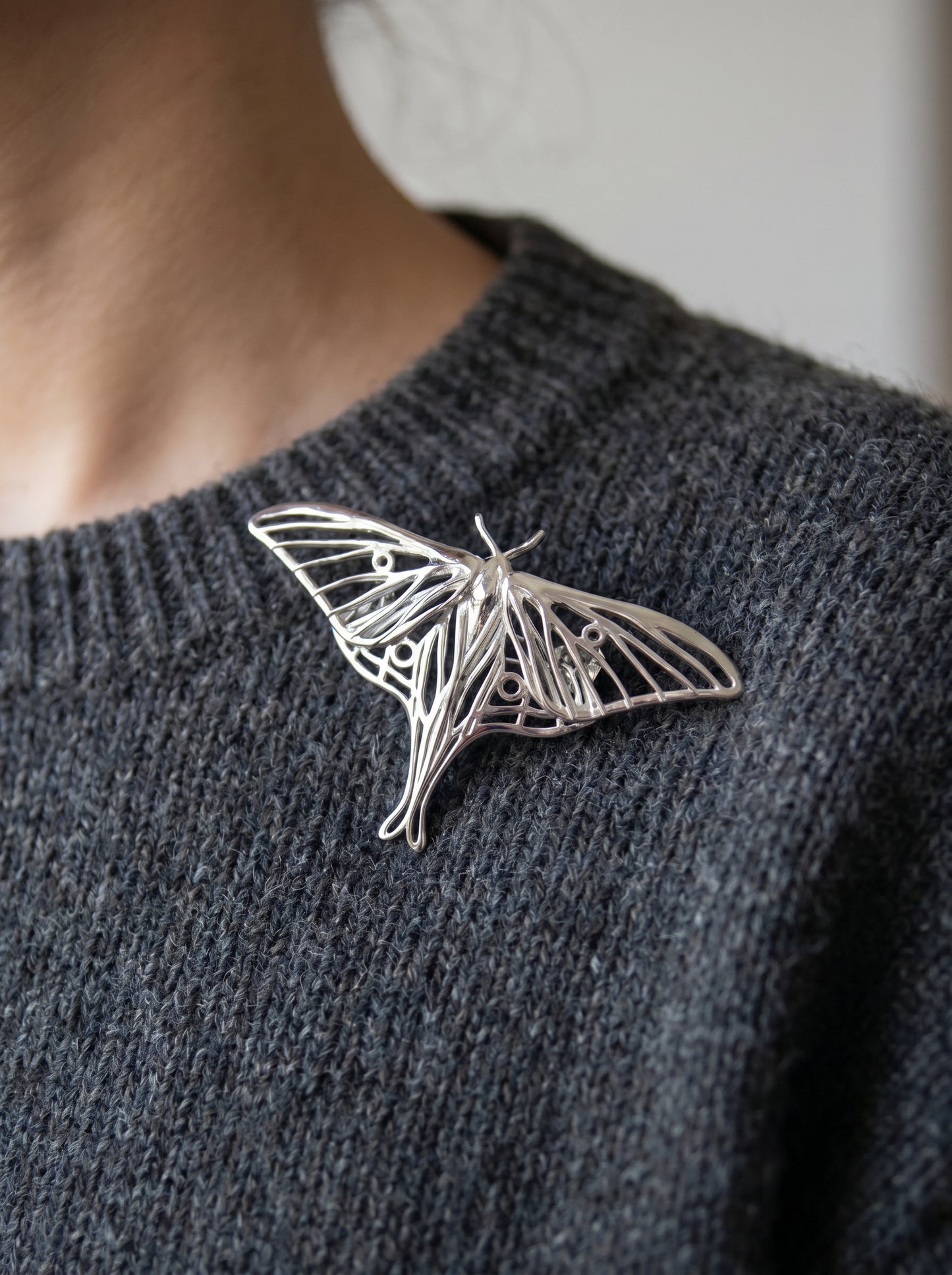 Silver Luna Moth Brooch – Handmade Celestial Insect Jewelry