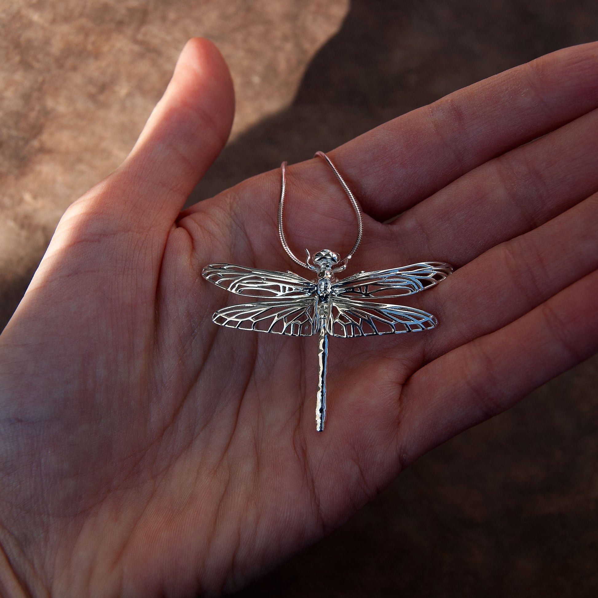 Front view of dragonfly pendant held in hand, delicate trinket with cut-out winged accessory design.