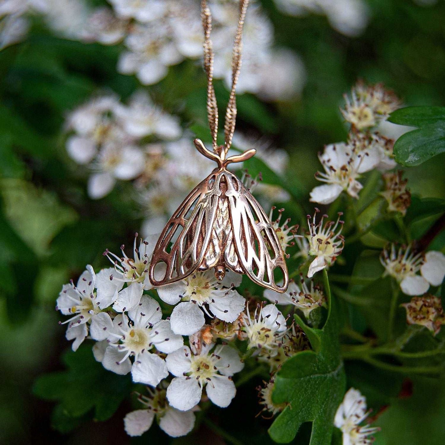 Handmade insect pendant in polished bronze showing the detailed tiger moth design.